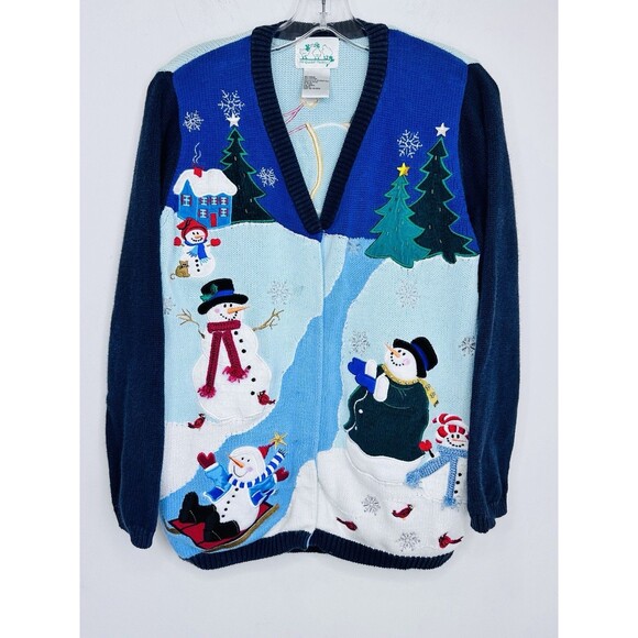 Quacker Factory Cardigan Sweater Snowmen Christmas Small Hidden Button 1990s - Picture 1 of 8
